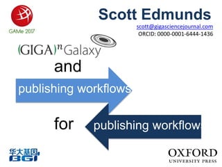 Scott Edmunds
publishing workflows
publishing workflowsfor
and
scott@gigasciencejournal.com
ORCID: 0000-0001-6444-1436
 