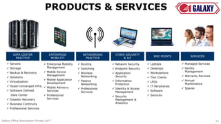 DATA CENTER
PRACTICE
 Servers
 Storage
 Backup & Recovery
 Solutions
 Virtualization
 Hyper-converged Infra.
 Software Defined
Data Center
 Disaster Recovery
 Business Continuity
 Professional Services
ENTERPRISE
MOBILITY
 Enterprise Mobility
Management
 Mobile Device
Management
 Mobile Application
Development
 Mobile Advisory
Services
 Professional
Services
NETWORKING
& SECURITY
 Routing
 Switching
 Wireless
Networking
 Passive
Networking
 Professional
Services
CYBER SECURITY
& IoT
 Network Security
 Endpoint Security
 Application
Security
 Information
Protection
 Identity & Access
Management
 Security
Management &
Analytics
END POINTS
 Laptops
 Desktops
 Workstations
 Thin Clients
 LFDs
 IT Peripherals
 Software
 Services
SERVICES
 Managed Services
 Facility
Management
 Warranty Services
 Annual
Maintenance
 Spares
PRODUCTS & SERVICES
NETWORKING
PRACTICE
Galaxy Office Automation Private Ltd™ 11
 
