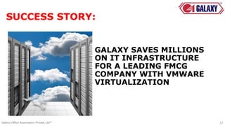 GALAXY SAVES MILLIONS
ON IT INFRASTRUCTURE
FOR A LEADING FMCG
COMPANY WITH VMWARE
VIRTUALIZATION
17
Godrej
Industries
Galaxy Office Automation Private Ltd™
SUCCESS STORY:
 