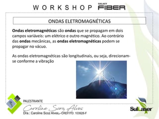 ONDAS ELETROMAGNÉTICAS
Ondas eletromagnéticas são ondas que se propagam em dois
campos variáveis: um elétrico e outro magnético. Ao contrário
das ondas mecânicas, as ondas eletromagnéticas podem se
propagar no vácuo.
As ondas eletromagnéticas são longitudinais, ou seja, direcionam-
se conforme a vibração
 