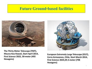 7
Future Ground-based facilities
The Thirty Meter Telescope (TMT),
Mauna Kea Hawaii, Start April 2014,
First Science 2022, 30-meter (492
Hexagons)
European Extremely Large Telescope (EELT),
Cerro Armazones, Chile, Start March 2014,
First Science 2024,39.3-meter (798
Hexagons)
 