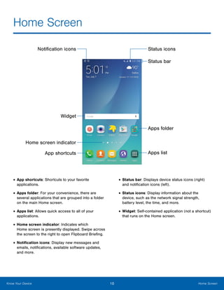 10 Home ScreenKnow Your Device
Home Screen
•	App shortcuts: Shortcuts to your favorite
applications.
•	Apps folder: For your convenience, there are
several applications that are grouped into a folder
on the main Home screen.
•	Apps list: Allows quick access to all of your
applications.
•	Home screen indicator: Indicates which
Home screen is presently displayed. Swipe across
the screen to the right to open Flipboard Briefing.
•	Notification icons: Display new messages and
emails, notifications, available software updates,
and more.
•	Status bar: Displays device status icons (right)
and notification icons (left).
•	Status icons: Display information about the
device, such as the network signal strength,
battery level, the time, and more.
•	Widget: Self-contained application (not a shortcut)
that runs on the Home screen.
Status bar
Apps list
Widget
Home screen indicator
App shortcuts
Status icons
Apps folder
Notification icons
 