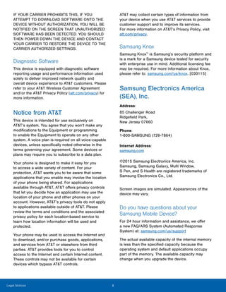 iiLegal Notices
IF YOUR CARRIER PROHIBITS THIS, IF YOU
ATTEMPT TO DOWNLOAD SOFTWARE ONTO THE
DEVICE WITHOUT AUTHORIZATION, YOU WILL BE
NOTIFIED ON THE SCREEN THAT UNAUTHORIZED
SOFTWARE HAS BEEN DETECTED. YOU SHOULD
THEN POWER DOWN THE DEVICE AND CONTACT
YOUR CARRIER TO RESTORE THE DEVICE TO THE
CARRIER AUTHORIZED SETTINGS.
Diagnostic Software
This device is equipped with diagnostic software
reporting usage and performance information used
solely to deliver improved network quality and
overall device experience to AT&T customers. Please
refer to your AT&T Wireless Customer Agreement
and/or the AT&T Privacy Policy (att.com/privacy) for
more information.
Notice from AT&T
This device is intended for use exclusively on
AT&T’s system. You agree that you won’t make any
modifications to the Equipment or programming
to enable the Equipment to operate on any other
system. A voice plan is required on all voice-capable
devices, unless specifically noted otherwise in the
terms governing your agreement. Some devices or
plans may require you to subscribe to a data plan.
Your phone is designed to make it easy for you
to access a wide variety of content. For your
protection, AT&T wants you to be aware that some
applications that you enable may involve the location
of your phone being shared. For applications
available through AT&T, AT&T offers privacy controls
that let you decide how an application may use the
location of your phone and other phones on your
account. However, AT&T’s privacy tools do not apply
to applications available outside of AT&T. Please
review the terms and conditions and the associated
privacy policy for each location-based service to
learn how location information will be used and
protected.
Your phone may be used to access the Internet and
to download, and/or purchase goods, applications,
and services from AT&T or elsewhere from third
parties. AT&T provides tools for you to control
access to the Internet and certain Internet content.
These controls may not be available for certain
devices which bypass AT&T controls.
AT&T may collect certain types of information from
your device when you use AT&T services to provide
customer support and to improve its services.
For more information on AT&T’s Privacy Policy, visit
att.com/privacy.
Samsung Knox
Samsung Knox™
is Samsung’s security platform and
is a mark for a Samsung device tested for security
with enterprise use in mind. Additional licensing fee
may be required. For more information about Knox,
please refer to: samsung.com/us/knox. [030115]
Samsung Electronics America
(SEA), Inc.
Address:
85 Challenger Road
Ridgefield Park,
New Jersey 07660	
Phone:
1-800-SAMSUNG (726-7864)
Internet Address:
samsung.com	
©2015 Samsung Electronics America, Inc.
Samsung, Samsung Galaxy, Multi Window,
S Pen, and S Health are registered trademarks of
Samsung Electronics Co., Ltd.
Screen images are simulated. Appearances of the
device may vary.
Do you have questions about your
Samsung Mobile Device?
For 24 hour information and assistance, we offer
a new FAQ/ARS System (Automated Response
System) at: samsung.com/us/support
The actual available capacity of the internal memory
is less than the specified capacity because the
operating system and default applications occupy
part of the memory. The available capacity may
change when you upgrade the device.
 