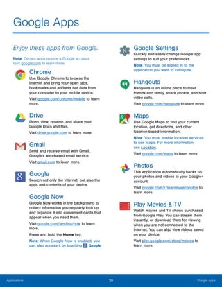 39 Google AppsApplications
Google Apps
Enjoy these apps from Google.
Note: Certain apps require a Google account.
Visit google.com to learn more.
Chrome
Use Google Chrome to browse the
Internet and bring your open tabs,
bookmarks and address bar data from
your computer to your mobile device.
Visit google.com/chrome/mobile to learn
more.
Drive
Open, view, rename, and share your
Google Docs and files.
Visit drive.google.com to learn more.
Gmail
Send and receive email with Gmail,
Google’s web-based email service.
Visit gmail.com to learn more.
Google
Search not only the Internet, but also the
apps and contents of your device.
Google Now
Google Now works in the background to
collect information you regularly look up
and organize it into convenient cards that
appear when you need them.
Visit google.com/landing/now to learn
more.
Press and hold the Home key.
Note: When Google Now is enabled, you
can also access it by touching Google.
Google Settings
Quickly and easily change Google app
settings to suit your preferences.
Note: You must be signed in to the
application you want to configure.
Hangouts
Hangouts is an online place to meet
friends and family, share photos, and host
video calls.
Visit google.com/hangouts to learn more.
Maps
Use Google Maps to find your current
location, get directions, and other
location-based information.
Note: You must enable location services
to use Maps. For more information,
see Location.
Visit google.com/maps to learn more.
Photos
This application automatically backs up
your photos and videos to your Google+
account.
Visit google.com/+/learnmore/photos to
learn more.
Play Movies & TV
Watch movies and TV shows purchased
from Google Play. You can stream them
instantly, or download them for viewing
when you are not connected to the
Internet. You can also view videos saved
on your device.
Visit play.google.com/store/movies to
learn more.
 
