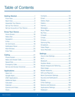 iv ﻿Table of Contents
Getting Started.................................................1
Front View............................................................2
Back View............................................................3
Assemble Your Device......................................4
Set Up Your Device...........................................6
Set Up Accounts on Your Device....................8
Know Your Device..........................................9
Home Screen................................................... 10
Status Bar......................................................... 13
Navigation......................................................... 14
S Pen................................................................. 16
Air Command.................................................. 18
Notification Panel............................................ 21
Multi Window.................................................... 23
Enter Text.......................................................... 25
Calling................................................................ 27
Phone Screen.................................................. 28
Make and Answer Calls................................. 30
Speed Dial........................................................ 33
Emergency Calls............................................. 34
Set Up and Access Voicemail...................... 35
Applications.................................................... 36
Apps List........................................................... 37
Google Apps.................................................... 39
AT&T Applications........................................... 41
Additional Apps............................................... 43
Calculator......................................................... 45
Calendar........................................................... 46
Camera and Video.......................................... 48
Clock................................................................. 52
Contacts............................................................ 54
Email.................................................................. 58
Galaxy Apps.................................................... 60
Gallery............................................................... 61
Internet.............................................................. 63
Messages......................................................... 65
Music Player..................................................... 67
My Files............................................................. 69
S Health............................................................ 71
S Note............................................................... 72
S Voice.............................................................. 74
Samsung Pay................................................... 75
Scrapbook........................................................ 76
Video Player..................................................... 77
Voice Recorder................................................ 79
Settings............................................................. 80
How to Use Settings....................................... 81
Wi-Fi................................................................... 82
Bluetooth........................................................... 84
Airplane Mode................................................. 86
Mobile Hotspot and Tethering...................... 87
Data Usage...................................................... 89
Mobile Networks............................................. 90
NFC and Payment........................................... 91
More Connection Settings............................. 92
Sounds and Notifications.............................. 94
Display.............................................................. 97
S Pen Settings................................................. 99
Motions and Gestures..................................100
Applications Settings....................................101
Wallpaper.......................................................104
Table of Contents
 
