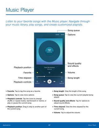67 Music PlayerApplications
Music Player
Listen to your favorite songs with the Music player. Navigate through
your music library, play songs, and create customized playlists.
Favorite
Playback position
Playback controls
Time elapsed
Volume
Song length
Options
Song queue
Sound quality
and effects
•	Favorite: Tap to tag this song as a favorite.
•	Options: Tap to view more options.
•	Playback controls: Tap the icons to change
shuffle or repeat modes, fast-forward or rewind, or
play or pause the current song.
•	Playback position: Drag to skip to another part of
the current song.
•	Song length: View the length of the song.
•	Song queue: Tap to view the current playlist being
played.
•	Sound quality and effects: Tap for options to
adjust sound effects.
•	Time elapsed: View the time elapsed for the
current song.
•	Volume: Tap to adjust the volume.
 