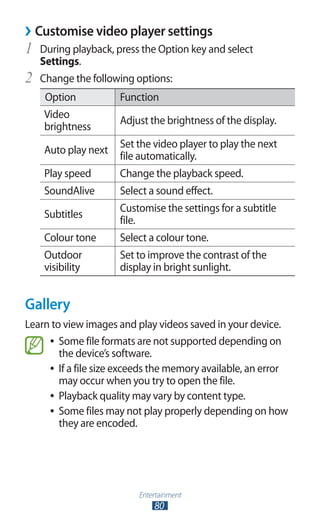 Entertainment
80
Customise video player settings››
During playback, press the Option key and select1	
Settings.
Change the following options:2	
Option Function
Video
brightness
Adjust the brightness of the display.
Auto play next
Set the video player to play the next
file automatically.
Play speed Change the playback speed.
SoundAlive Select a sound effect.
Subtitles
Customise the settings for a subtitle
file.
Colour tone Select a colour tone.
Outdoor
visibility
Set to improve the contrast of the
display in bright sunlight.
Gallery
Learn to view images and play videos saved in your device.
Some file formats are not supported depending on●●
the device’s software.
If a file size exceeds the memory available, an error●●
may occur when you try to open the file.
Playback quality may vary by content type.●●
Some files may not play properly depending on how●●
they are encoded.
 