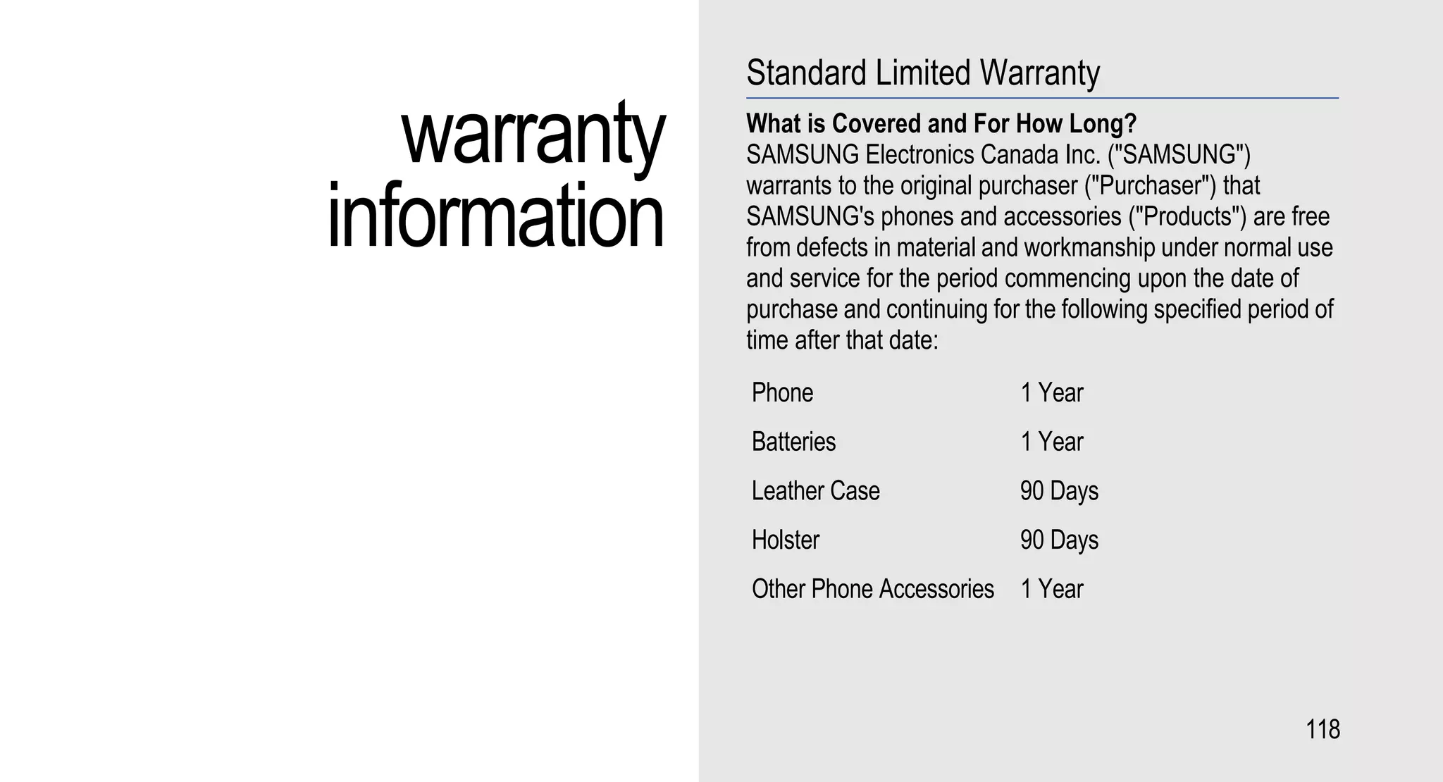 Standard Limited Warranty

   warranty   What is Covered and For How Long?
              SAMSUNG Electronics Canada Inc. ("SAMSUNG")


information
              warrants to the original purchaser ("Purchaser") that
              SAMSUNG's phones and accessories ("Products") are free
              from defects in material and workmanship under normal use
              and service for the period commencing upon the date of
              purchase and continuing for the following specified period of
              time after that date:
              Phone                       1 Year
              Batteries                   1 Year
              Leather Case                90 Days
              Holster                     90 Days
              Other Phone Accessories 1 Year




                                                                        118
 