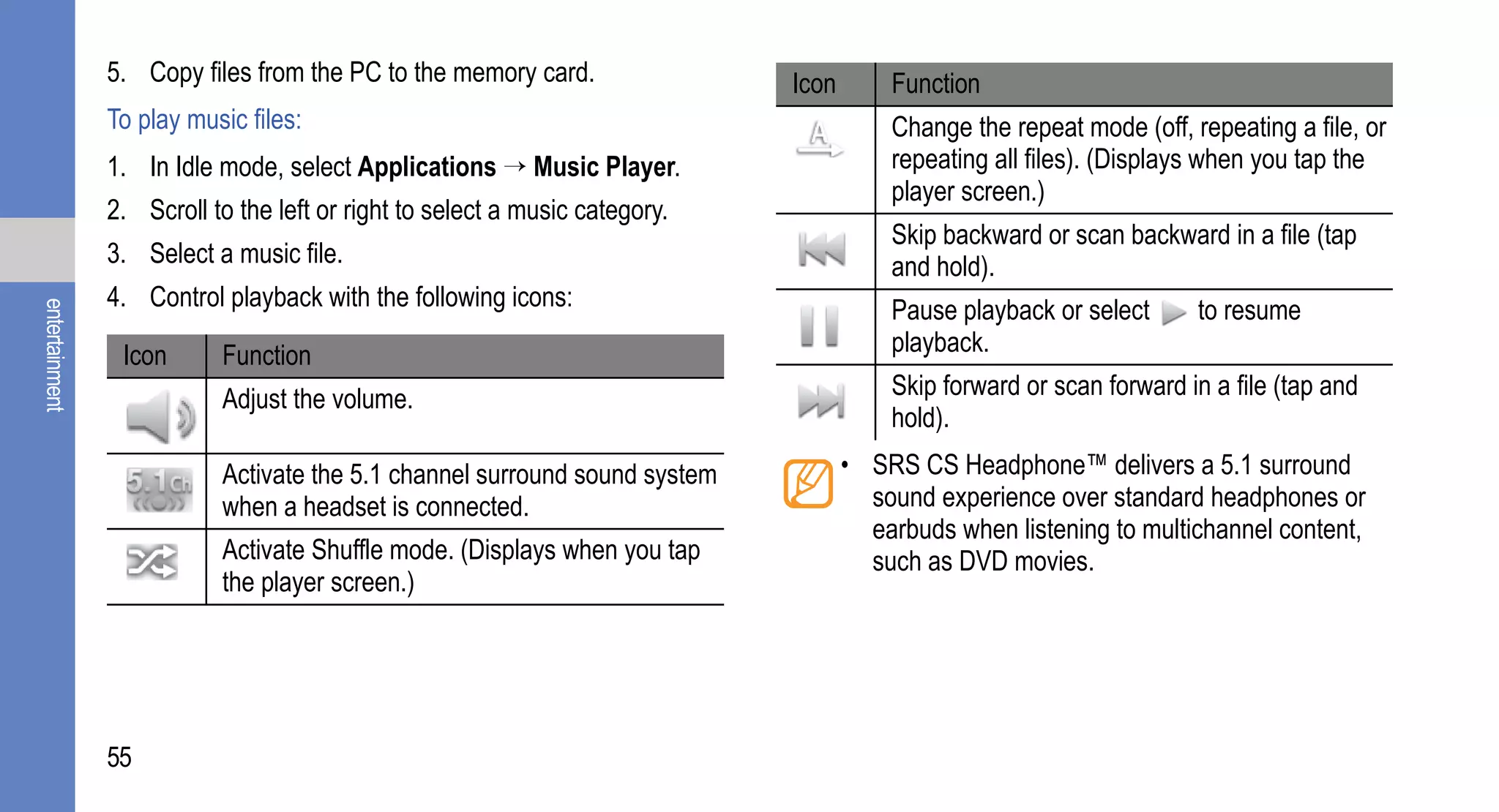 5. Copy files from the PC to the memory card.                Icon       Function
                To play music files:                                                    Change the repeat mode (off, repeating a file, or
                1. In Idle mode, select Applications → Music Player.                    repeating all files). (Displays when you tap the
                                                                                        player screen.)
                2. Scroll to the left or right to select a music category.
                                                                                        Skip backward or scan backward in a file (tap
                3. Select a music file.                                                 and hold).
                4. Control playback with the following icons:                           Pause playback or select      to resume
entertainment




                 Icon      Function                                                     playback.
                           Adjust the volume.                                           Skip forward or scan forward in a file (tap and
                                                                                        hold).

                           Activate the 5.1 channel surround sound system           • SRS CS Headphone™ delivers a 5.1 surround
                           when a headset is connected.                               sound experience over standard headphones or
                                                                                      earbuds when listening to multichannel content,
                           Activate Shuffle mode. (Displays when you tap              such as DVD movies.
                           the player screen.)




                55
 