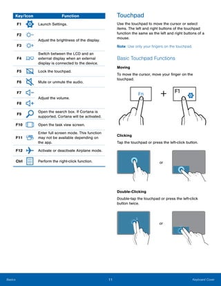 Basics
F1

F2

F3

F4

F5

F6

F7

F8

F9

F10

F11

F12

Ctrl
Key/Icon Function
Launch Settings.
Adjust the brightness of the display.
Switch between the LCD and an
external display when an external
display is connected to the device.
Lock the touchpad.
Mute or unmute the audio.
Adjust the volume.
Open the search box. If Cortana is
supported, Cortana will be activated.
Open the task view screen.
Enter full screen mode. This function
may not be available depending on
the app.
Activate or deactivate Airplane mode.
Perform the right-click function.
Touchpad
Use the touchpad to move the cursor or select
items. The left and right buttons of the touchpad
function the same as the left and right buttons of a
mouse.
Note: Use only your fingers on the touchpad.
Basic Touchpad Functions
Moving
To move the cursor, move your finger on the
touchpad.
Clicking
Tap the touchpad or press the left-click button.
or
Double-Clicking
Double-tap the touchpad or press the left-click
button twice.
or
11 Keyboard Cover
 