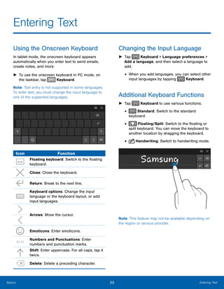 Basics
 
Entering Text

Using the Onscreen Keyboard
In tablet mode, the onscreen keyboard appears
automatically when you enter text to send emails,
create notes, and more.
►	 To use the onscreen keyboard in PC mode, on
the taskbar, tap Keyboard.
Note: Text entry is not supported in some languages.
To enter text, you must change the input language to
one of the supported languages.
Icon Function
Floating keyboard: Switch to the floating
keyboard.
Close: Close the keyboard.
Return: Break to the next line.
Keyboard options: Change the input
language or the keyboard layout, or add
input languages.
Arrows: Move the cursor.
Emoticons: Enter emoticons.
Numbers and Punctuations: Enter
numbers and punctuation marks.
&123
Shift: Enter uppercase. For all caps, tap it
twice.
Delete: Delete a preceding character.
Changing the Input Language
► Tap Keyboard > Language preferences >
Add a language, and then select a language to
add.
• When you add languages, you can select other
input languages by tapping Keyboard.
Additional Keyboard Functions
► Tap Keyboard to use various functions.
Standard: Switch to the standard
keyboard.
•
Floating/Split: Switch to the floating or
split keyboard. You can move the keyboard to
another location by dragging the keyboard.
•
Handwriting: Switch to handwriting mode.•
Note: This feature may not be available depending on
the region or service provider.
23	 Entering Text
 