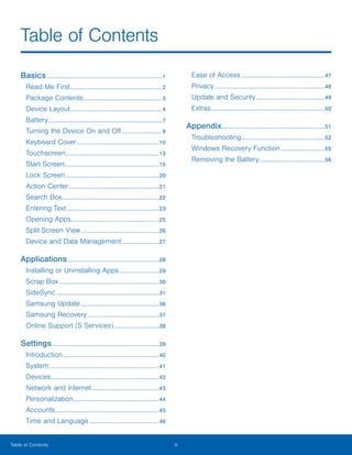 iiiTable of Contents
Table of Contents

Basics....................................................................................1

Read Me First...................................................................2

Package Contents.........................................................3

Device Layout...................................................................4

Battery...................................................................................7

Turning the Device On and Off.............................9

Keyboard Cover............................................................10

Touchscreen....................................................................13

Start Screen.....................................................................15

Lock Screen....................................................................20

Action Center..................................................................21

Search Box.......................................................................22

Entering Text ...................................................................23

Opening Apps................................................................25

Split Screen View.........................................................26

Device and Data Management...........................27

Applications...................................................................28

Installing or Uninstalling Apps.............................29

Scrap Box.........................................................................30

SideSync ...........................................................................31

Samsung Update.........................................................36

Samsung Recovery....................................................37

Online Support (S Services).................................38

Settings..............................................................................39

Introduction......................................................................40

System................................................................................41

Devices...............................................................................42

Network and Internet.................................................43

Personalization ..............................................................44

Accounts............................................................................45

Time and Language...................................................46

Ease of Access.............................................................47

Privacy ................................................................................48

Update and Security..................................................49

Extras...................................................................................50

Appendix...........................................................................51

Troubleshooting.............................................................52

Windows Recovery Function................................55

Removing the Battery ...............................................56

 
