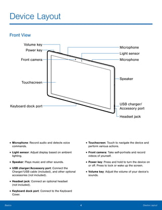 4 Device LayoutBasics
Device Layout

Front View

Volume key
Power key
Front camera
Touchscreen
Keyboard dock port
• Microphone: Record audio and detects voice
commands.
• Light sensor: Adjust display based on ambient
lighting.
• Speaker: Plays music and other sounds.
• USB charger/Accessory port: Connect the
Charger/USB cable (included), and other optional
accessories (not included).
• Headset jack: Connect an optional headset
(not included).
• Keyboard dock port: Connect to the Keyboard
Cover.
Microphone
Light sensor
Microphone
Speaker
USB charger/

Accessory port

Headset jack
• Touchscreen: Touch to navigate the device and
perform various actions.
• Front camera: Take self-portraits and record
videos of yourself.
• Power key: Press and hold to turn the device on
or off. Press to lock or wake up the screen.
• Volume key: Adjust the volume of your device’s
sounds.
 