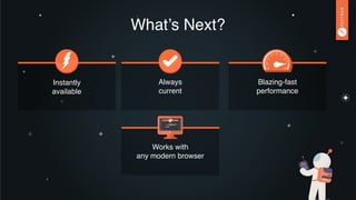 What’s Next?
Instantly 
available
Always  
current
Blazing-fast  
performance
Works with 
any modern browser
 