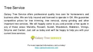 Tree Service
Galaxy Tree Service offers professional quality tree care for homeowners and
business alike. We are fully insured and licensed to operate in GA. We guarantee
competitive prices for tree trimming, tree removal, stump grinding and other
important tree services. We will happily come to you and provide a free quote in
any of these areas: Marietta, Roswell, Austell, Woodstock, Mableton, Vinings,
Smyrna and Canton. Just call us today and we'll be happy to help you with your
current tree services.
For more important informations, visit us today!
https://galaxytreeservice.com
 