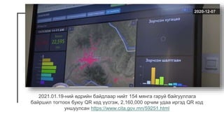 2021.01.19-ний өдрийн байдлаар нийт 154 мянга гаруй байгууллага
байршил тогтоох буюу QR код үүсгэж, 2,160,000 орчим удаа иргэд QR код
уншуулсан https://www.cita.gov.mn/59251.html
 