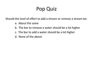 Pop Quiz
Should the level of effort to add a stream or remove a stream be:
a. About the same
b. The bar to remove a water should be a lot higher
c. The bar to add a water should be a lot higher
d. None of the above
 