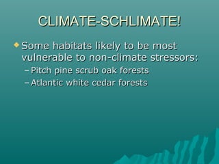 CLIMATE-SCHLIMATE!CLIMATE-SCHLIMATE!
 Some habitats likely to be mostSome habitats likely to be most
vulnerable to non-climate stressors:vulnerable to non-climate stressors:
– Pitch pine scrub oak forestsPitch pine scrub oak forests
– Atlantic white cedar forestsAtlantic white cedar forests
 