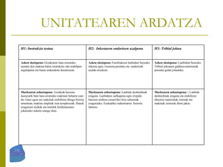 UNITATEAREN ARDATZA Markoaren zehaztapena: :  Lanbide desberdinak ezagutu eta erabiltzen dituzten materialak, tresnak eta makinak zeintzuk diren jakin. Markoaren zehaztapena:  Lanbide desberdinak ezagutu. Lanbideen sailkapena egin irizpide batzuen arabera oinarrizko hiru sektoreak ezagutzeko. Euskadiko industriaren  historia laburra. Markoaren zehaztapena : Gizakiak hasiera-hasieratik bere lana errazteko makinen beharra izan du. Gaur egun ere makinak erabiltzen ditugu bizitza arruntean, makina sinpleak zein konplexuak. Hauek ezagutzen neskek eta mutilek berdintasunez jokatzeko aukera izango dute. Azken ekoizpena:  Lanbideei buruzko Tribial jokoaren galdera-erantzunak prestatu gelan jolasteko. Azken ekoizpena:  Familiakoen lanbideei buruzko inkesta egin, txostena prestatu eta  ondorioak azaldu etxekoei.  Azken ekoizpena:  Gizakiaren lana errazteko asmatu den makina baten instrukzio edo erabilpen argitalpena eta haien erakusketa ikastetxean. H3: Tribial jolasa  H2:  Inkestaren ondorioen azalpena H1: Instrukzio testua  