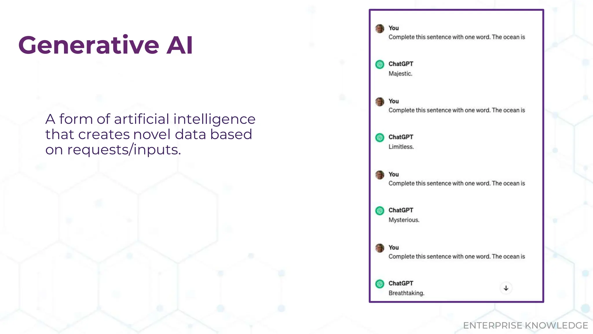 ENTERPRISE KNOWLEDGE
Generative AI
A form of artificial intelligence
that creates novel data based
on requests/inputs.
 