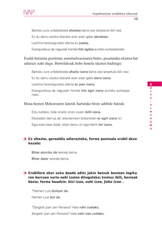 Aspektuaren erabilera okerrak
                                                                             133


    Barkatu zure urtebetetzea ahaztea baina oso lanpetuta ibili naiz.
    Ez du damu atzoko bileratik ezer esan gabe ateratzea.
    Lastima hereneguneko afarira ez joatea.
    Esanguratsua da nagusiak horrela hitz egitea aurreko aurkezpenean.

Esaldi horietan guztietan, nominalizazioaren bidez, pasatutako ekintza bat
adierazi nahi dugu. Horrelakoak hobe honela idazten baditugu:

    Barkatu zure urtebetetzea ahaztu izana baina oso lanpetuta ibili naiz.
    Ez du damu atzoko bileratik ezer esan gabe atera izana.
    Lastima hereneguneko afarira ez joan izana.                                    A
                                                                                   D
    Esanguratsua da nagusiak horrela hitz egin izana aurreko aurkezpe-             I
    nean.                                                                          T
                                                                                   Z
                                                                                   -
Hona hemen Mokoroaren lanetik hartutako beste adibide batzuk:                      S
                                                                                   I
    Eztu kalteko, bide ortatik orren zuzen ibilli izana.                           N
                                                                                   T
    Daukadan damua da’ aita-semeon bizkarretan ez egiñ izana ori.                  A
                                                                                   G
    Egia esan bear bada’ eztot damu ori egin-barik itxi izana.                     M
                                                                                   A



❘◗ Ez ahaztu, geroaldia adierazteko, forma puntuala erabil deza-
   kezula:

    Bihar etorriko da lankide berria.
    Bihar dator lankide berria.



❘◗ Erabilera oker asko daude aditz jakin batzuk besteen logika-
   ren barruan sartu nahi izaten ditugulako; kontuz ibili, besteak
   beste, forma hauekin: bizi izan, nahi izan, falta izan…

    *Hemen Luis bizitzen da.
    Hemen Luis bizi da.


    *Zergatik joan zen Parisera? Hala nahi zuelako.
    Zergatik joan zen Parisera? Hala nahi izan zuelako.
 