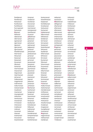 Arazi
                                                                             143


hondarazi       itxiarazi       konturarazi    nekarazi       tinkarazi
hordiarazi      itzalarazi      koordinarazi   noziarazi      tirriarazi
hotzarazi       itzularazi      kopiarazi      Obediarazi     trabailarazi
hunkiarazi      itzurarazi      kordokarazi    obligarazi     trebarazi
hurbilarazi     izanarazi       kraskarazi     ohartarazi     trenkarazi
hurruparazi     izarniarazi     kukuarazi      oherarazi      tristarazi
hutsarazi       izenpearazi     kutsarazi      ohorarazi      Ugalarazi
Ibiarazi        izerdiarazi     Labainarazi    okerrarazi     ugariarazi
ibilarazi       izuarazi        laburrarazi    onarrarazi     ukarazi
idatzarazi      Jabalarazi      laketarazi     onetsarazi     ukiarazi
idorrarazi      jaikiarazi      landarazi      ordainarazi    ulertarazi
igaroarazi      jaioarazi       larriarazi     oroitarazi     umarazi
igarrarazi      jaitsarazi      larruarazi     ostikarazi     unarazi
igoarazi        jakinarazi      lasaiarazi     oztoparazi     urkarazi
igorrarazi      jalgiarazi      lasterkarazi   Pagarazi       urrarazi
                                                                                   A
igurtzarazi     janarazi        latzarazi      pairarazi      urrikalarazi
                                                                                   D
ihardetsarazi   jantzarazi      laudarazi      partiarazi     urrunarazi
                                                                                   I
iharrarazi      jardunarazi     leherrarazi    pasarazi       urtarazi             T
ihesarazi       jariarazi       lehiarazi      pausarazi      usnarazi             Z
ikararazi       jarraiarazi     lerrarazi      penarazi       ustelarazi           -
ikasarazi       jarrarazi       leunarazi      pentsarazi     utzarazi             S
ikusarazi       jasanarazi      librarazi      pikarazi       uzkailarazi          I
ilkiarazi       jasoarazi       limurrarazi    pintarazi      uztarrarazi          N
ilunarazi       jaulkiarazi     lizunarazi     pitzarazi      Xahuarazi            T
                                                                                   A
inarrosarazi    jaurtiarazi     lodiarazi      plegarazi      xehakarazi
                                                                                   G
inausarazi      jausarazi       lokarrarazi    presarazi      xeharazi
                                                                                   M
ingurarazi      jauzarazi       lorarazi       prestarazi     xukarazi
                                                                                   A
inprimarazi     jinarazi        lotarazi       prezarazi      Zabalarazi
ipinarazi       joanarazi       lotsarazi      pulunparazi    zabarrarazi
irabazarazi     joarazi         lurrerarazi    Saiarazi       zainarazi
iraganarazi     jokarazi        luzarazi       salarazi       zalearazi
irakinarazi     jostarazi       Maitarazi      salbarazi      zaluarazi
irakurrarazi    juntarazi       makurrarazi    saltarazi      zaparazi
iratzarrarazi   Kantarazi       matxinarazi    saminarazi     zapartarazi
iraularazi      kantiarazi      menderarazi    samurrarazi    zartarazi
iraunarazi      kargarazi       milikarazi     sarrarazi      zatiarazi
iraungiarazi    kasarazi        mintzarazi     seinalarazi    zeharazi
irekiarazi      kausiarazi      miretsarazi    sendarazi      zentzarazi
irentsarazi     kenarazi        moldarazi      sentiarazi     zerbitzarazi
irozoarazi      kexarazi        motzarazi      sinarazi       zigorrarazi
irristarazi     kezkarazi       mozkorrarazi   sinetsarazi    zimelarazi
irtenarazi      kiskalarazi     mudarazi       soraioarazi    zimurrarazi
irudiarazi      klikarazi       mugiarazi      sorrarazi      zirikarazi
isilarazi       kobrarazi       murgilarazi    sufriarazi     zokorarazi
isurarazi       kokarazi        mutuarazi      sumarazi       zorarazi
itoarazi        kondenarazi     Nagiarazi      suntsiarazi    zorrotzarazi
itsatsarazi     konpreniarazi   nagusiarazi    susmarazi      zuriarazi
itsusarazi      kontarazi       nahasarazi     susperrarazi   zutiarazi
itxaronarazi    kontentarazi    nardarazi      Tindarazi      zuzenarazi
 