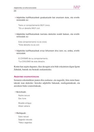 Adjektibo erreferentzialak

272


 • Adjektibo kalifikatzaileek graduatzaile bat onartzen dute, eta errefe-
   rentzialek ez:

      Tiene un comportamiento MUY cívico.
      *Es un derecho MUY civil.


 • Adjektibo kalifikatzaileak txertatu daitezke esaldi batean, eta errefe-
   rentzialak ez:

      Este comportamiento no es cívico.
      *Este derecho no es civil.


 • Adjektibo kalifikatzaileak erraz bihurtzen dira izen; ez, ordea, errefe-
   rentzialak:

      El CIVISMO de su comportamiento.
      *La CIVILIDAD de este derecho.

Kontu hau argitu dugunez, ikus dezagun zein bide eskaintzen digun Igone
Zabalak, batzuk eta besteak euskaratzeko.


ADJEKTIBO    KALIFIKATZAILEAK

Izenaren eskuinaldean joaten dira euskaraz, eta nagusiki, hiru mota haue-
takoak izan daitezke: berezko adjektibo bakunak, mailegatutakoak, eta
atzizkien bidez eratorritakoak.

 • Berezkoak:
      Noche oscura
      Gau iluna

      Mueble antiguo
      Altzari zaharra


 • Maileguak:
      Sidra natural
      Sagardo naturala
      *Natur sagardoa
 