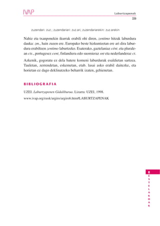 Laburtzapenak
                                                                              339


     zuzendari: zuz.; zuzendariari: zuz.ari; zuzendariarekin: zuz.arekin

Nahiz eta txanponekin ikurrak erabili ohi diren, zentimo hitzak laburdura
dauka: zm., hain zuzen ere. Europako beste hizkuntzetan ere ari dira labur-
dura erabiltzen zentimo laburtzeko. Esaterako, gaztelaniaz cént. eta plurale-
an cts., portugesez cent, finlandiera edo suomieraz snt eta nederlanderaz ct.
Azkenik, gogoratu ez dela batere komeni laburdurak esaldietan sartzea.
Tauletan, zerrendetan, eskemetan, etab. lasai asko erabil daitezke, eta
horietan ez dago deklinatzeko beharrik izaten, gehienetan.


BIBLIOGRAFIA

UZEI. Laburtzapenen Gidaliburua. Lizarra: UZEI, 1998.
www.ivap.org/eusk/argiro/argiro6.htm#LABURTZAPENAK




                                                                                    B
                                                                                    E
                                                                                    S
                                                                                    T
                                                                                    E
                                                                                    L
                                                                                    A
                                                                                    K
                                                                                    O
                                                                                    A
                                                                                    K
 