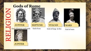 RELIGION Gods of Rome
God of heaven and earth
JUPITER NEPTUNE
God of sea
VULCAN
God of forge & fire
MARS
God of wars
JUPITER
 