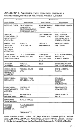 CUADRO N.° 1. Principales grupos económicos nacionales y
transnacionales presentes en los sectores fruticola y forestal
                   Nucionafes                                    Tivnsnacionu(es

Secfar Fru^icofa                Seemr Foresta!     Sec(or Fru^icofu                Sec(or Fores'^af

DAVID DEL CURTO          GRUPO ANGELINI          STANDAR TRADING          BIN MAHFOUZ, MASISA
                         (ASOCIADO AL            COMPANY (DOCE)
                         GRUPO NEOZELANDES
                         CARTER HOLT HARVEY)

SOCIEDAD                                         UNITED TRADING           SHELL, COPIHUE,
EXPORTADORA DE                                   COMPANY (UTC)            BOSQUES DE CHILE,
FRUTAS PACIFICO                                                           COMERCIAL SANTA FE,
 FRUPAC S.A.                                                              FORESTAL COLCURA

COOPERATIVA              FORESTAL                UNIFRUTTI                AMINDUS ETERNIT,
AGRICOLAY                CHOLGUAN S.A.           TRADERS LTDA             CAP, ANDWOS
FRUTICOLA
DE CURICO
 COOPEFRUT
EXPORTADORA              CELULOSA ARAUCO         CONSORCtO                FLETCHER CHALLENGE,
FRUTICOLA DE LOS         Y CONSTITUCION          Y DESARROLLO             PAPELERA Y
ANDES(FRUTANDES)                                 WTERNACIONAL             FORESTAL BIO-BIO
                                                 (CYD)

AGRICOLA                 FORESTAL                ZEUS                     SWEDISH MATCH, CIA.
AGRO-FRIO                ARAUCO LTDA                                      CHILENA DE FOSFOROS

CONSORCIO DE             FORESTAL CELCO          DOLE                     SAENZ, MADESAL,
EXPORTADORES             LTDA                                             MAGOSA
FRUTICOLAS
COEXPORT

EXPORTADORA              FORESTALPEDRO                                    WOLFRAN
RIO BLANCO               DE VALDIVIA LTDA                                 INVESTMENT,
                                                                          FORESTAL
                                                                          CARAMPANGUE

EXPORTADORA              FORESTAL DE                                      TRANSAMERICA,
ACONCAGUA LTDA           CMLE LTDA                                        ASAVI, DICHOCO
 ACONEX

UNIMARC                  ASERRADEROS                                      CEMENTO MELON,
INTERNACIONAL            ARAUCO                                           EMASIL

SERGIO RUIZ-             PANELES ARAUCO
TAGLE HUMERES

SOCIEDAD                 PLANTA CELULOSA
AGRICOLA                 VALDIVIA
SOFRUCO S.A.
                         GRUPO MATTE:


Fuenre: Elaborado en base a : Fazio H., 1997, Mapa Actual de la Extrema Riqueza en Chile, edi-
ciones LOM, ARCIS, CENDA, serie Punto de Fuga, Colección Sin Norte; Gómez S, Echenique
1., 1988, La Agricultura Chilena. Las Dos Caras de la ModemiTación, FLACSQ AGRARIA.


                                                                                                      131
 