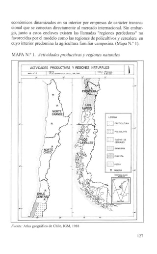 económicos dinamizados en su interior por empresas de carácter transna-
cional que se conectan directamente al mercado internacional. Sin embar-
go, junto a estos enclaves existen las ]lamadas "regiones perdedoras" no
favorecidas por el modelo como las regiones de policultivos y cerealera en
cuyo interior predomina la agricultura familiar campesina. (Mapa N.° 1).

MAPA N.° l. Actividades productivas y regiones naturales


      ^DADES PRODUCTIVAS Y REGIONES NATURALES
      i
      l            w.o. •^ ^
                                                                                               cwu .wo.^u.o.      ^
                                   ^^u.^co oE a                                                        acooc _ ^_
                          .r                                         .r                 ,.•          .:.
                                                                                        T-_ .__^ . _-^--___ --^
                                                                                                ^
                                        ^^ ^^t                            _^iI                                      i

                                                                             r                                              l
                                               ^            ^^                                 ' fiRAt' ^
                                               ^                 ^                            ;^^
                                                        R

                                                                                                                   r:

                                                            R'^              I              I LOS i                                                                                 '
                                                ^       NORTE^      ^                    ^^^ J                                      _
      ^                                        J        GRANDE^-- ^                     (^^ ^ ^ ^ t                             I^ ^
                                                                                                                                 LEr o+ oa

               _                                        R            ^ J^ _             ^• '                       ^            j                   iRUTICULTURA I
                                                                                        .Si                                          ^J
                                                                                          1                                                                                  I
          ^                                                                  .-       ^0.                          ^^                                                      I;^.
                                                                                     ^t•'                              )
          ^,                                                                      ^ ^ ^6 ^i                        ^,/              ^ POLICULTIVO I .
                                                                                                                                     L.J
          ^                                ^                     ^           ^        a^ .                                           r-^

          ^I                                                     ^                                                 ^            ^^^ ^              I CULTIW DE            '^,       I
                                                                              . 'C '           A^ES ^                        I     ^ cEREnLes                             I
                                                        R„J                  j^                 t                           ^                                             i
                                                                                                                f            i'^ 04NnDER1A                                j
                                          NORTE ^/ _
                                         CHICO /                             j    .^,                       {((/                                                          ^
          ^                      (/                 ^                                   +                   ^                   I ^ fORESTDI                               ^i

          I                      Lj                                          i                          ^                                                                  I

          .,                       S                ^                                               V                               I^^ FESCA                             I
                                           ^'^                            ^F      ^'          I                                     II                                          I^
     Í                         I+rJ                                                            I
                                                                                               ^                                              R MIIERIA                         I

      I                        '           ^                                                    ^^                                                 ^                            I
                                                                                   ,^ `                                                                    rrun
                                 ^^                                               B                         I      _                               s
                                 1                                           '                L+•

                                                                                                                       ^ ^ ^fd ' ^                                              I
                                   /
                                                                                                                        l                ^,
                                          R I                                                                                                                         /
                                       ILE_ __ j                             ^                                                                         ^          i             i
                                         R A^^i                              i                                                       1                     ,

                          `í`;             l                                 '                                      4                1 J ^
    Yr                 .:^ '                                              ^^                                                                  .^
                                                                                                                                                                          ^Y
                     .:^ . _ _ ^                                             r




Fuente: Atlas geográfico de Chile, IGM. 1988


                                                                                                                                                                                        127
 