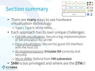 -CONFIDENTIAL-

Section summary
• There are many ways to use hardware
virtualization technology:
– Type I, Type II, Micro-VMMs, …

• Each approach has its own unique challenges:

– Full HW virtualization: Secure a big implementation
of SW emulation for all HW
– Para-virtualization: Secure the guest OS interface
with the host OS
– All implementations: Emulate ISA correctly and
securely
– Micro-VMMs: Defend from HW subversion

• SMM is too privileged and where are the STMs?

 