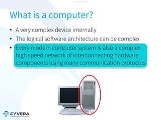 -CONFIDENTIAL-

What is a computer?
• A very complex device internally
• The logical software architecture can be complex
• Every modern computer system is also a complex
high speed network of interconnecting hardware
components using many communication protocols

 
