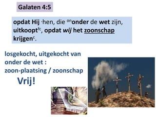 Galaten 4:5 
opdat Hij .hen, die ononder de wet zijn, 
uitkooptfc, opdat wij het zoonschap 
krijgenc. 
losgekocht, uitgekocht van 
onder de wet : 
zoon-plaatsing / zoonschap 
Vrij! 
 