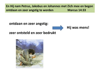 En Hij nam Petrus, Jakobus en Johannes met Zich mee en begon 
ontdaan en zeer angstig te worden Marcus 14:33 
ontdaan en zeer angstig: 
zeer ontsteld en zeer bedrukt 
Hij was mens! 
 