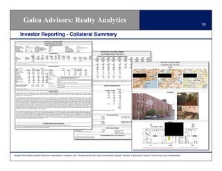 Galea Advisors: Realty Analytics                                                                                                                                                                                                                                                                                                                               19

                   Investor Reporting - Collateral Summary
                                                                                                ABC FUND, INC - COLLATERAL SUMMARY
                                                                                               1234 ANYWHERE AVENUE - NEW YORK, NY
                                                                                        PROPERTY & BORROWER INFORMATION
 Property Type:                    Multifamily                   Lien Type:                    Mezzanine                                                        Sponsor:                         John Doe
 Property Sub-Type:                Elevator Apartments           Loan Origination Date:        3/6/09                                                           Borrower:                        John Doe Investments LLC
 # of Units:                       84                            ABC Loan Acquisition Date:    3/6/09                                                           Loan Assumable:                  No
 City, State:                      New York NY                   Acquisition/Refinance:        Refinance                                                        Carve Out Guarantor:             John Doe
 Year Built, Renov.:               1985        1996              Lock Box:                     No                                                               Cash Mgmt/Sweep:                 No/No                                                         ABC FUND, INC - COLLATERAL SUMMARY
                                                                                                               LOAN INFORMATION
                                                                                                                                                                                                                                                              1234 ANYWHERE AVENUE - NEW YORK, NY
                                                         Loan                                                                            Issuer
                                                      Balance           Loan/          Appr.         Fitch      Moodys           S&P        NCF    Init. Mat.     Ext. Mat.                                                      Lock.                PROPERTY CASH FLOW PROJECTIONS AT ORIGINATION (000s)
 Note                              Holder              (000s)            Unit        LTV(1)         DSCR           LTV           LTV       Yield        Date          Date            Index(2)   Spread    Amort.(3)              Exp.           Year 1          Year 2        Year 3        Year 4         Maturity          Year 6       Year 7        Year 8       Year 9      Year 10
 Senior Loan                       XYZ Bank             $5,900        $70,238       44.36%            NAV         NAV            NAV     13.7%        4/1/14        4/1/14             Swaps      1.77%   I/O, Fixed             4/1/14         12 Mos          12 Mos        12 Mos        12 Mos            5 Mos          12 Mos       12 Mos        12 Mos       12 Mos       12 Mos
 Mezz. Loan                        ABC Fund              3,950        117,262       74.06%            NAV         NAV            NAV       8.2%       4/1/14        4/1/14             Swaps      3.35%   I/O, Fixed             4/1/14       FYE 12/09       FYE 12/10     FYE 12/11     FYE 12/12      ending 4/14       FYE 12/14    FYE 12/15     FYE 12/16    FYE 12/17    FYE 12/18
                                                                                                                                                                                         Economic Occupancy                                      96.2%           96.2%         96.2%         96.2%            96.2%           96.2%        96.2%         96.2%        96.2%        96.2%
 Total                                                  $9,850                                                                                                                           Base Rent
                                                                                                                                                                                                  2.40%                                         $1,614          $1,663        $1,712        $1,764             $780          $1,871       $1,927        $1,985       $2,045       $2,106
 (1)
       LTV is based on the appraised value of $13.3 MM, pursuant to the appraisal prepared by Leitner Group, Inc. dated December 08, 2008.                                              Other Income                                                  6               6             6             7                3              7            7             7            8            8
 (2)
       The Swaps rate will be locked-in at closing.                                                                                                                                     Vacancy Loss/Collection Loss                                (61)            (63)          (65)          (67)             (69)           (71)         (73)          (75)         (77)         (80)
 (3)
       The Loan is I/O during the first two years and amortizes based on a 30 year schedule thereafter.                                                                                 Total Revenue                                           $1,559          $1,606        $1,654        $1,704             $753          $1,807       $1,862        $1,918       $1,975       $2,034
                                                                                                                                                                                        RE Taxes and Ins.                                          209             216           222           229              101             243          250           257          265          273
                                                                                                             PROPERTY OPERATIONS                                                        Operating Expenses                                         469             483           497           512              226             543          560           577          594          612
                                                                                                                                                                                        Net Operating Income                                      $881            $907          $935          $963             $426          $1,021       $1,052        $1,084       $1,116       $1,150
 Property Statistics                                    Actual              Issuer U/W                                                     No. of                                       CapEx Escrow
                                                                                                                                                                               Avg. In-Place Galea Adj.                                            (37)            (37)          (37)          (37)             (37)            (37)
 (000s)                             Actual 2006           2007 Actual 2008       NCF(1) Per Unit Unit Type                               Units (2)     Avg. SF                          Adjusted NOI (NCF) % Occ.
                                                                                                                                                                                        Rent Market Rent                                          $844            $871          $898          $926             $389            $985
 Physical Occupancy                      97.4%          99.2%       98.8%       98.0%             1 Bedroom                                   22             540            $1,208         $1,341         100%
                                                                                                                                                                               Plus: CapEx Escrow                                        $37         $37            $37          $37            $37            $37           0              0              0             0
 Economic Occupancy                      96.6%          98.4%       97.1%       98.0%             2 Bedroom                                   48             750             1,680           1,865        100%
                                                                                                                                                                               Less: Actual CapEx                                        (37)        (37)           (37)        (37)            (37)           (36)       (36)           (36)           (36)          (36)
 Base Rent                              $1,369          $1,369     $1,522       $1,614 $19,448 3 Bedroom                                      13             940                                          100%
                                                                                                                                                                             2,100 Funding (Deficit) From Reserve
                                                                                                                                                                               Net           2,331                                         $0          $0             $0          $0              $0             $0
 Other Income                                19             20          20          16        188 Total / Average                             83             724            $1,621         $1,799         100%
 Vacancy Loss                               (47)           (21)        (44)        (33)     (393) Rent roll data as of 11/28/08                 0              0               Ending Loan Balance (Mezz. Loan)
                                                                                                                                                                                  $0             -                                    $9,850      $9,850         $9,624      $9,391          $9,153         $9,153
 Total Revenue                          $1,341          $1,368     $1,497       $1,597 $19,243                                                                                 DSCR @ Actual Rate (Mezz. Loan)
                                                                                                                                    HOUSING ASSISTANCE PAYMENTS ("HAP") CONTRACT                                                        1.11x       1.15x          0.92x       0.96x           0.41x          1.39x
 RE Taxes and Ins.                          162            160         196         220      2,656 Term:                                                                        NCF/Loan (Mezz. Loan)
                                                                                                                         Five years term with unlimited five-year extension options                                                     8.6%        8.8%           9.3%         9.9%          10.2%          10.8%
 Operating Expenses                         622            605         606         529      6,373 Payments:              HUD pays owner a portion of tenant's contract rent minus an amount equal to the greater of (i) 30% of
 NOI                                       $557          $604         $695       $848 $10,214                            tenant adjusted income, (ii) 10% of gross income, or Thethe portion of projections were designated the following assumptions: (i) in-place rents according to the rent roll dated November 28, 2008, (ii) a 3.0% economic vacancy, (iii) historical
                                                                                                                                                                                (iii) cash flow welfare assistance based on
 Capital Expenditures                          0              0           0        (37)     (441)                        for housing.                                          revenues grown at 3.0%, (iv) historical operating expenses grown at 3.0%, (v) management fees projected at 4.61% of effective gross revenue, and (vi) $436/Unit capital reserve ($36,610).
 NCF                                       $557          $604         $695        $811    $9,773 Eligibility:            Families with income below 50% of the area median income.
                                                                                                              Rent Adjustments:        Contract rents are reset to market (upward or downward) every 5 years. They may also adjusted
 Appraised Value/Per Unit/Date:                        $13,300       $158,333       11/15/08                                           annually (upward only).
 Galea Value/Per Unit/Date:                            $13,070       $155,597         3/1/09                  Termination Options:     The owner may terminate contract with written notice to the CA and each tenant in according to law                              PROPERTY PERFORMANCE (000s)
                                                                                                                                       and HUD requirements.
 (1)
       Based on XYZ Bank's underwriting.                                                                                                                                                                                                                                                                   Galea UW
 (2)
       The property contains 84 units. The total number of units shown excludes one 3-bedroom unit occupied rent-free by the superintendent.                                             Property Statistics                                                               Actual 2007 Actual 2008              Yr 1
                                                                                                              GENERAL NARRATIVE                                                          Economic Occupancy                                                                     98.4%       97.1%             96.2%
   The Property, known as John Doe Apartments, is a 100% occupied, 77M sf apartment building containing 84 units located at the southwest corner ofEffective Gross and 115th St. in northern
                                                                                                                                                    Anywhere Ave. Revenue                                                                                                      $1,368      $1,497             $1,559
   Manhattan. Built in 1985 for use as project-based Section 8 affordable housing, the Property generates 79% of the its income from HUD Section Operating Expenses Housing Assistance
                                                                                                                                                   8 subsidies under a                                                                                                             764         802               678
   Payments ("HAP") contract through 2010.                                                                                                         NOI                                                                                                                            $604          $695            $881
                                                                                                                                                                                         Actual CapEx                                                                                0             0             (36)
   The Property's East Harlem neighborhood has seen significant revitalization over the past few years. The East Harlem submarket contained 40M Adjusted NOI (NCF)
                                                                                                                                                            households as of 2008, with an average                                                                                $604          $695            $845
   annual household income of $39M compared to $64M for the nation. Due to a housing shortage throughout the submarket, which has a residential vacancy Debt less than 3%, occupancy rates
                                                                                                                                                           Total rate Service                                                                                                      760           760             760
   approach 100% in most properties, with only short-term vacancies. Contractual rents at the Property, which average $1,621 per unit per month, are set to be 20% below market rents in
                                                                                                                                                           Cash Flow After Debt Service                                                                                         ($156)          ($65)            $84
   accordance with the HAP contract. Galea believes the market rents used by HUD may be high. Galea's analysis indicates market rents to be approximately DSCR for 1-bedroom
                                                                                                                                                           Senior $1,340 - Adjusted NOI apartments,                                                                               1.45           1.66           2.02
   $1,870 for 2-bedroom apartments and $2,330 for 3-bedroom apartments based on broker rental listings for comparable apartments in market rate buildings, which meansNOI
                                                                                                                                                           Total DSCR - Adjusted in-place average                                                                                 0.79           0.91           1.11
   rents at the Property are closer to 10% below market. As part of the Section 8 program, the Property benefits from real estate tax savings as well as lower vacancy and collection loss than
                                                                                                                                                           NCF/Loan                                                                                                              6.1%           7.1%           8.6%
   would be expected in a market-rate building. The Property currently pays a PILOT (payment in lieu of taxes) of $183M, which is estimated at $137M below market real estate taxes. The
                                                                                                                                                           Swaps                                                                                                                5.21%          5.21%          5.21%
   Property does not require the capital outlay that would be necessary to convert and maintain the building at market rate levels within an area with suchImplied Going In Cap Rate
                                                                                                                                                            an abundance of new construction. The                                                                               4.62%          5.32%          6.46%
   tax savings combined with lower maintenance costs and the HAP rents, which are close to market rate and on average 80% HUD-paid, makes continuing under the HAP contract more
                                                                                                                                                           Galea Value(1)                                                                                                                                    $13,070
   profitable for the owner than converting the Property to a market-rate building.                                                                        Galea Value LTV                                                                                                                                    75.4%
                                                                                                                                                                                         (1) Value is based on a 10-year DCF with a 6.75% terminal cap rate and a 9.25% discount rate as of 12/31/08.
   Jake Doe, Martin Doe and Jehoshua Doe (20% ownership) are the general partners responsible for management and operations. John Doe (required to maintain 25% ownership), who reports
                                                                                                                                                         Performance Comments
   a net worth of $1.1B and $80MM liquidity as of 6/30/09, will be the recourse carveout guarantor of the loan and has extensive real estate experience through ownership and management of
   over 21 Section 8 developments (9.5M units), more than 25M residential units and over 10MM sf of commercial and industrial space in the New York Metropolitan area. Alexander Doe (55%
   ownership), whose net worth is reportedly in excess of $50MM, has no control over the operation of the property and will never be allowed to have a controlling interest due to his credit history,                                                                         Galea VALUATION (000s)
   including involuntary bankruptcy petitions that were filed against him and numerous properties being foreclosed upon. The Property is managed by XYZ Realty Corp., a Doe-owned company
   which has been involved in the management of Section 8 housing since its inception in 1957. The company currently manages four buildings with a total GA654 units throughout Manhattan and the
                                                                                                                                                         of Value                                                                                               $13,070                                                 GA LTV (Senior Loan)                                       45.1%
                                                                                                                                                         GA Value / Unit                                                                                         157,471                                                GA LTV (Mezz. Loan)                                        75.4%
   Bronx, all of which have been under their management for over 19 years.                                                                               Cap-Rate (1st Year NCF)                                                                                  6.46%


                                                                                                                                                                                         Appraised Value                                                        $13,300                                                 Appraised Value LTV (Senior Loan)                          44.4%
                                                                                                                                                                                         Appraised Value / Unit                                                  160,241                                                Appraised Value LTV (Mezz. Loan)                           74.1%
                                                                                            INVESTMENT STRENGTHS/ RISKS AT ORIGINATION                                                   Going-In Cap Rate                                                        6.25%
 (+)Occupancy: The Property is currently 100% with a waiting list in excess of 250 people and units that are generally rented within one month.       The Galea underwritten value of $13.1MM is based on a 10-year DCF with a 6.75% terminal cap rate on yr. 11 NOI of $1.2MM and a 9.25% discount rate as of 12/31/08.
 (+/-)HAP Contract: The Property generates nearly 80% of its income from government subsidies, which limits the risk of collection loss and tenant payment defaults, but also provides risk in the
 event of a HAP contract default that could cause HUD to stop payment of all subsidies.
                                                                                                                                                                                                                                TAKE-OUT ANALYSIS (000s)
                                                                                                                                                                                         GA Terminal Cap Rate                                                     6.75%                                                                             Senior Loan    Mezz. Loan
                                                                                                                                                                                         Required DSCR                                                             1.25x                                Ending Loan Balance                              $5,443       $9,153
                                                                                                                                                                                         CT Value (Net Sale Proceeds EO Year 6)                                 $15,585                                 Ending LTV                                         34.9%       58.7%
                                                                                                                                                                                                                                                                                                        Breakeven Constant                               15.15%        9.01%


                                                                                                                                                                                                                                                              LOAN ASSESSMENT/CAPITAL TRUST ASSET PLAN
                                                                                                                                                                                          Portfolio Management to perform quarterly review.
                                                                                                                                                                                          Monitor the level of rents in property submarket.




Sample Deliverables detailed herein are representative examples only. Pertinent details have been intentionally changed, deleted, or distorted to protect Client privacy and confidentiality.
 