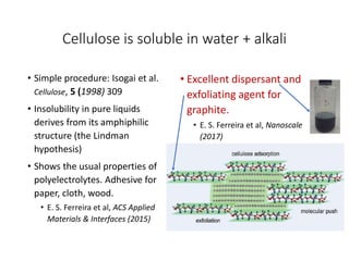 Cellulose is soluble in water + alkali
• Simple procedure: Isogai et al.
Cellulose, 5 (1998) 309
• Insolubility in pure liquids
derives from its amphiphilic
structure (the Lindman
hypothesis)
• Shows the usual properties of
polyelectrolytes. Adhesive for
paper, cloth, wood.
• E. S. Ferreira et al, ACS Applied
Materials & Interfaces (2015)
• Excellent dispersant and
exfoliating agent for
graphite.
• E. S. Ferreira et al, Nanoscale
(2017)
.
 