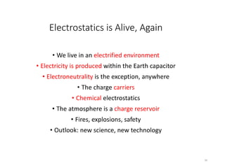 Electrostatics is Alive, Again
• We live in an electrified environment
• Electricity is produced within the Earth capacitor
• Electroneutrality is the exception, anywhere
• The charge carriers
• Chemical electrostatics
• The atmosphere is a charge reservoir
• Fires, explosions, safety
• Outlook: new science, new technology
34
 