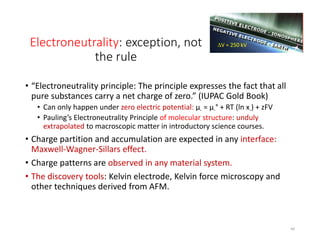 Electroneutrality: exception, not
the rule
• “Electroneutrality principle: The principle expresses the fact that all
pure substances carry a net charge of zero.” (IUPAC Gold Book)
• Can only happen under zero electric potential: μ- = μ-° + RT (ln x-) + zFV
• Pauling’s Electroneutrality Principle of molecular structure: unduly
extrapolated to macroscopic matter in introductory science courses.
• Charge partition and accumulation are expected in any interface:
Maxwell-Wagner-Sillars effect.
• Charge patterns are observed in any material system.
• The discovery tools: Kelvin electrode, Kelvin force microscopy and
other techniques derived from AFM.
DV = 250 kV
40
 