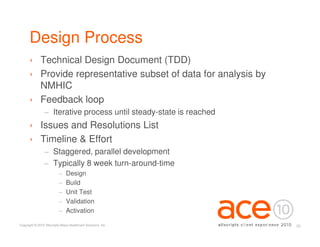 Design Process
      › Technical Design Document (TDD)
      › Provide representative subset of data for analysis by
        NMHIC
      › Feedback loop
                 − Iterative process until steady-state is reached
      › Issues and Resolutions List
      › Timeline & Effort
                 − Staggered, parallel development
                 − Typically 8 week turn-around-time
                           −    Design
                           −    Build
                           −    Unit Test
                           −    Validation
                           −    Activation

Copyright © 2010 Allscripts-Misys Healthcare Solutions, Inc.         16
 