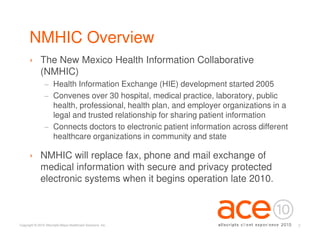 NMHIC Overview
      › The New Mexico Health Information Collaborative
        (NMHIC)
                 − Health Information Exchange (HIE) development started 2005
                 − Convenes over 30 hospital, medical practice, laboratory, public
                   health, professional, health plan, and employer organizations in a
                   legal and trusted relationship for sharing patient information
                 − Connects doctors to electronic patient information across different
                   healthcare organizations in community and state

      › NMHIC will replace fax, phone and mail exchange of
        medical information with secure and privacy protected
        electronic systems when it begins operation late 2010.



Copyright © 2010 Allscripts-Misys Healthcare Solutions, Inc.                             7
 