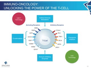 T-Cell
Activating Receptors Inhibitory Receptors
CD28
OX40
GITR
CD122
CD27
CD360
HVEM
CD137
CTLA-4
PD-1
TIM-3
BTLA
VISTA
LAG-3
IMMUNO-ONCOLOGY:
UNLOCKING THE POWER OF THE T-CELL
12
Checkpoint
inhibitors
Indirect Immune
Modulators
Co-stimulators
Immune Inhibitory
Enzymes
CAR T
Technology
TCR
Technology
 