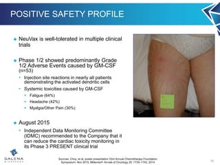 POSITIVE SAFETY PROFILE
 NeuVax is well-tolerated in multiple clinical
trials
 Phase 1/2 showed predominantly Grade
1/2 Adverse Events caused by GM-CSF
(n=53)
• Injection site reactions in nearly all patients
demonstrating the activated dendritic cells
• Systemic toxicities caused by GM-CSF
 Fatigue (64%)
 Headache (42%)
 Myalgia/Other Pain (30%)
 August 2015
• Independent Data Monitoring Committee
(IDMC) recommended to the Company that it
can reduce the cardiac toxicity monitoring in
its Phase 3 PRESENT clinical trial
18
Sources: Choy, et al, poster presentation 33rd Annual Chemotherapy Foundation
Symposium: Nov 2015; Mittendorf- Annals of Oncology 25: 1735–1742, 2014
 