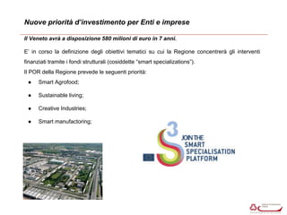 Nuove priorità d’investimento per Enti e imprese 
Il Veneto avrà a disposizione 580 milioni di euro in 7 anni. 
E’ in corso la definizione degli obiettivi tematici su cui la Regione concentrerà gli interventi 
finanziati tramite i fondi strutturali (cosiddette “smart specializations”). 
Il POR della Regione prevede le seguenti priorità: 
● Smart Agrofood; 
● Sustainable living; 
● Creative Industries; 
● Smart manufactoring; 
 
