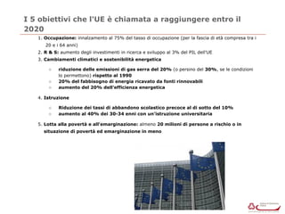 I 5 obiettivi che l'UE è chiamata a raggiungere entro il 
2020 
1. Occupazione: innalzamento al 75% del tasso di occupazione (per la fascia di età compresa tra i 
20 e i 64 anni) 
2. R & S: aumento degli investimenti in ricerca e sviluppo al 3% del PIL dell'UE 
3. Cambiamenti climatici e sostenibilità energetica 
○ riduzione delle emissioni di gas serra del 20% (o persino del 30%, se le condizioni 
lo permettono) rispetto al 1990 
○ 20% del fabbisogno di energia ricavato da fonti rinnovabili 
○ aumento del 20% dell'efficienza energetica 
4. Istruzione 
○ Riduzione dei tassi di abbandono scolastico precoce al di sotto del 10% 
○ aumento al 40% dei 30-34 enni con un'istruzione universitaria 
5. Lotta alla povertà e all'emarginazione: almeno 20 milioni di persone a rischio o in 
situazione di povertà ed emarginazione in meno 
 