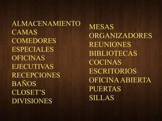 ALMACENAMIENTO MESAS
CAMAS ORGANIZADORES
COMEDORES
REUNIONES
ESPECIALES
BIBLIOTECAS
OFICINAS
COCINAS
EJECUTIVAS
ESCRITORIOS
RECEPCIONES
BAÑOS
OFICINA ABIERTA
CLOSET’S PUERTAS
DIVISIONES SILLAS