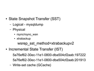 ● State Snapshot Transfer (SST)
– Logical - mysqldump
– Physical
● rsync/rsync_wan
● xtrabackup
wsrep_sst_method=xtrabacku...