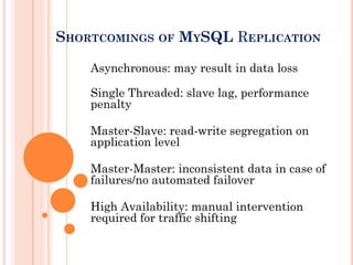 SHORTCOMINGS OF MYSQL REPLICATION
Asynchronous: may result in data loss
Single Threaded: slave lag, performance
penalty
Master-Slave: read-write segregation on
application level
Master-Master: inconsistent data in case of
failures/no automated failover
High Availability: manual intervention
required for traffic shifting
 