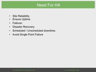 Need For HA
•  Site Reliability.
•  Ensure Uptime
•  Failover.
•  Disaster Recovery.
•  Scheduled / Unscheduled downtime.
•  Avoid Single Point Failure
 