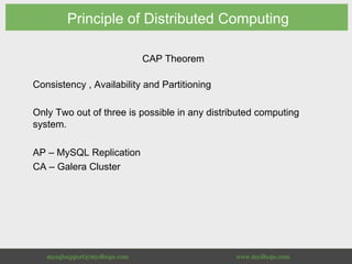 Principle of Distributed Computing
CAP Theorem
Consistency , Availability and Partitioning
Only Two out of three is possible in any distributed computing
system.
AP – MySQL Replication
CA – Galera Cluster
 